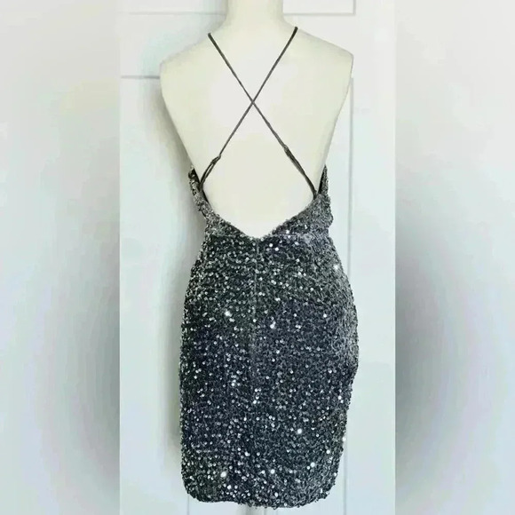 Saints and Secrets Silver Sequin Mini Dress Strappy Back Size Small - Picture 4 of 7
